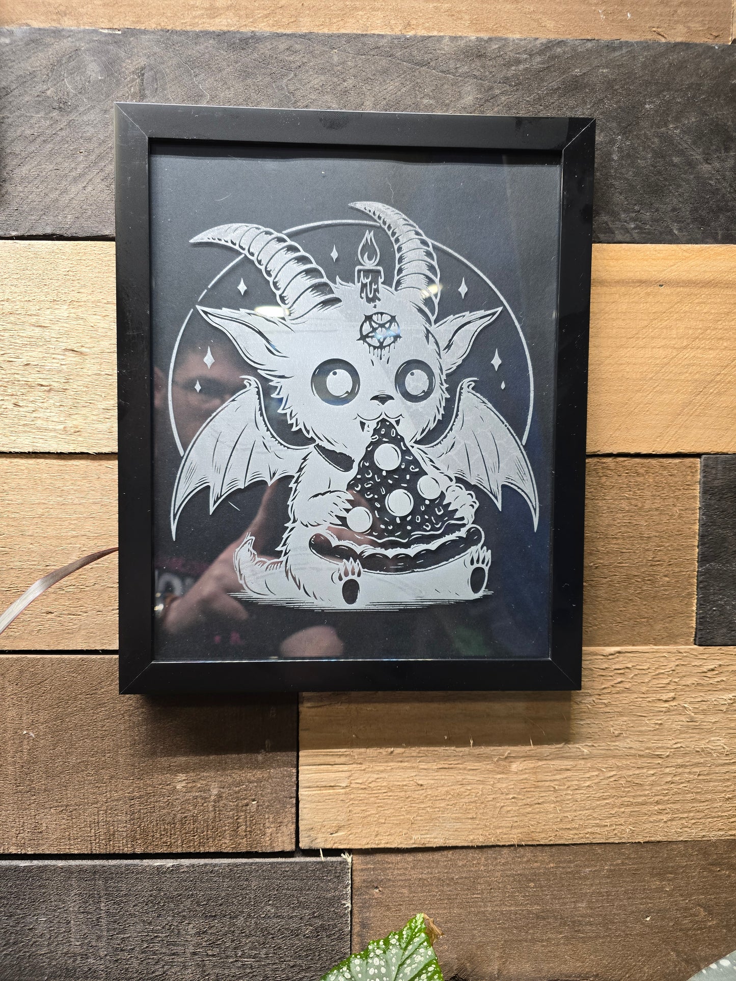 Baphomet Eating Pizza Etched Glass